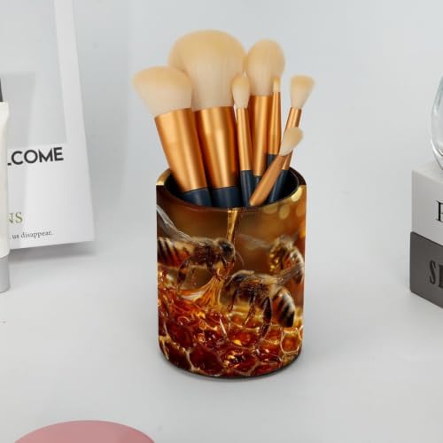 Leather Pen Holder for Desk, Bee Hive Pencil Cup Pen Organizer Makeup Brush Holder for Office Home Kids Countertop Desk Accessory Storage