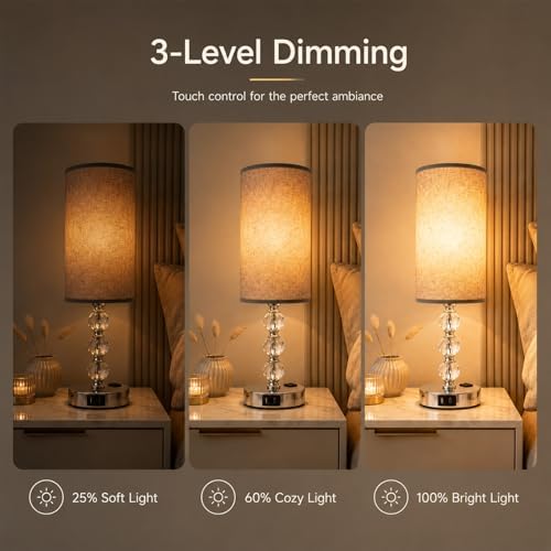 Crystal Table Lamp 14.6", 3-Way Dimmable with Touch Control, USB Charging Ports & AC Outlet, Bulb Included, – 3000K Warm White for Bedroom Living Room