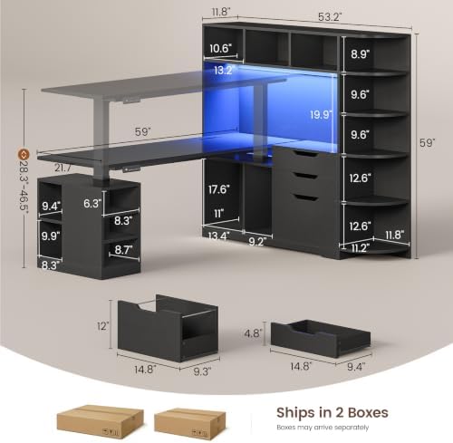 SEDETA 59" L Shaped Standing Desk with 3 Drawers Storage and Bookshelves