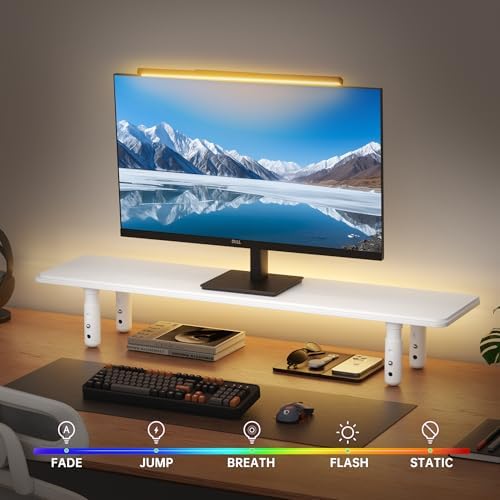 AFOOYO Dual Monitor Stand for Desk, Adjustable Height Wood Computer Riser, Ergonomic Monitor Shelf for Laptop, Printer, TV, Black - Large Storage Space, Sturdy Desk Organizer for Home & Office,White