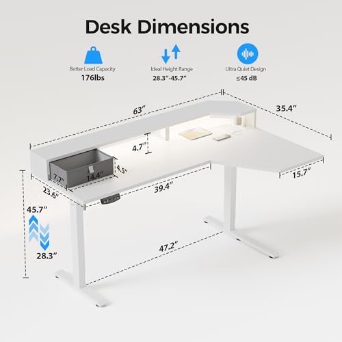 Agilestic 63*35 Inch L Shaped Standing Desk with Shelf & Led& Outlet, White