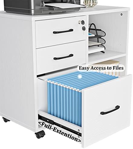 Panana 3 Drawer Office File Cabinets, Mobile Lateral Printer Stand with Open Storage Shelf, Rolling Filing Cabinet with Wheels Home Office Organization and Storage (White)