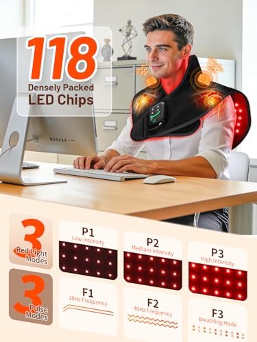 Cordless Red Light Therapy for Neck Shoulder with Heat & Massage, 5000mAh Controller 118LEDs 3-in-1 Chip 660nm&850nm Infrared Light Therapy Pad for Body Home Outdoor Use
