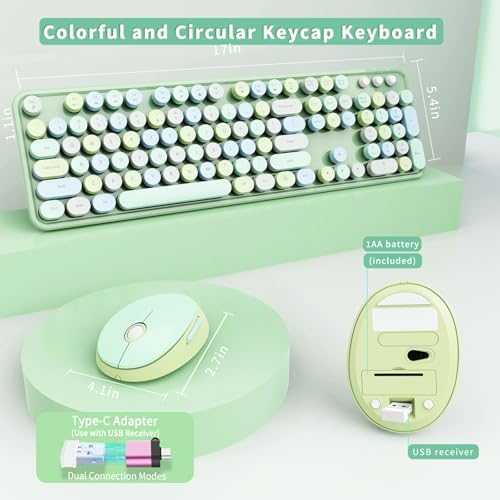 Wireless Keyboard and Mouse Combo, Ergonomic Full Size Typewriter Retro Round Keycaps Keyboard, Compatible with Windows, PC, Perfer for Home and Office Keyboards (Green
