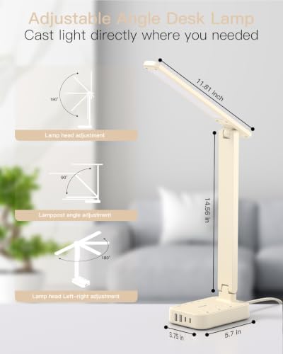 Addtam LED Desk Lamp, Power Strip with 3 Outlets 4 USB Charging Ports(2 USBC), 4 Modes 5 Level Brightness Touch Lamp, Small Desk Lamp for Home Office College Dorm Room Essentials, Cream