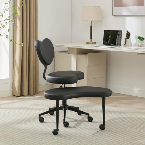 Ergonomic Cross Legged Chair, Meditation Chair Plus with 360° Swivel Wheels for ADHD/Fidgety Sitters, Height Adjustable & Lumbar Support, Black PU, Chic Home Office Furniture