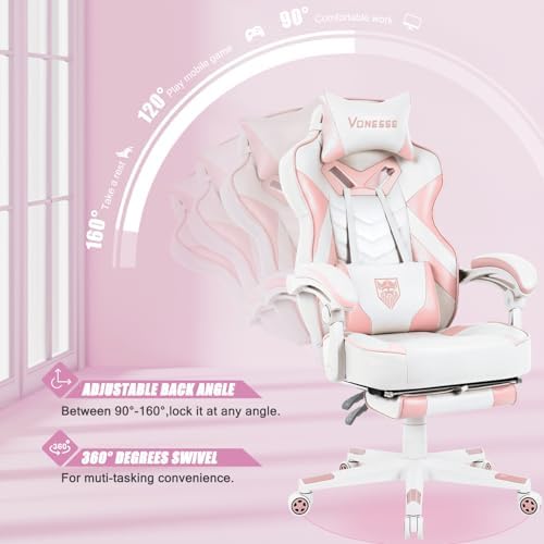 Vonesse Pink Gaming Chair, Big and Tall Gaming Chair with Footrest and Massage, Gaming Chairs for Adults with Lumbar Support, Ergonomic High Back Computer Chair with Pocket Spring Cushion (White/Pink)