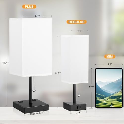 aooshine 17.4" White Bedside Table Lamp for Bedroom - USB C+A, 2 AC Outlets