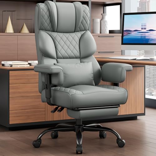Vonesse Office Chair, Desk Chair with Soft Adjustable Armrests, Ergonomic High Back Gaming Chair with Lumbar Support, Executive Computer Chairs with Footrest (PU Leather, Gray)