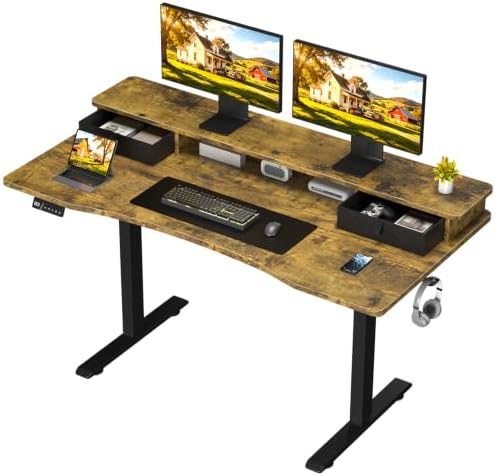 55 x 27.6 Electric Standing Desk with Drawers, Rustic Brown