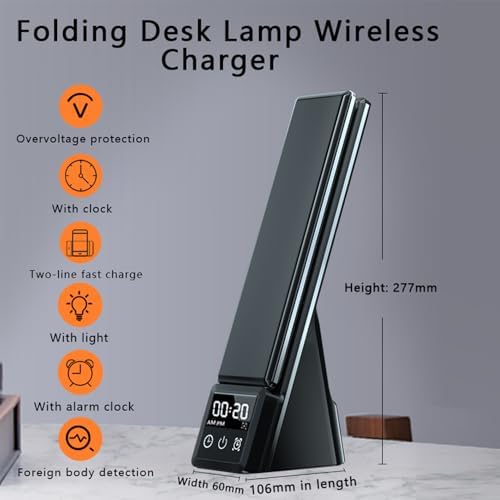 AYI 6in1 Multifunctional Foldable LED Table Lamp with Wireless Charger Digital Alarm Clock Eye-Care Lighting 3 Color Modes 15W Qi Charger for Phone/Headphones, iWatch Charger Compatible-N61 Black.