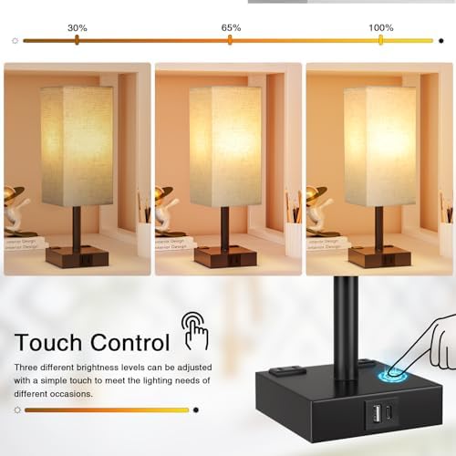Beige Touch Table Lamp for Bedroom - Dimmable, USB C+A, 2 AC Outlets