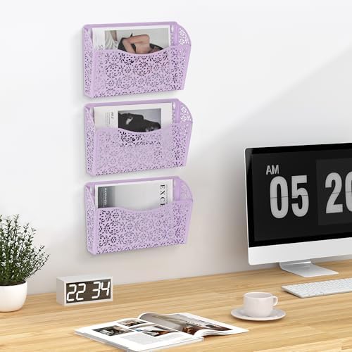 EasyPAG 3 Single Wall Mount File Organizer Vertical Metal Wall Pocket File Holder for Office, Home, School, Purple
