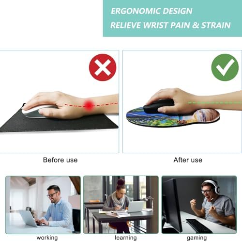 Mouse Pad with Wrist Support, Ergonomic Mouse Pad with Memory Foam Wrist Rest Cushion, Non-Slip Rubber Base Gaming Mice Pad for Home Office Computer Laptop, Beach Tree