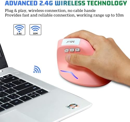 Wireless Vertical Ergonomic Optical Mouse, Pink Computer Mouse with 3 Adjustable DPI 1000/1600/ 2400, 5 Buttons for Laptop, Desktop, PC, MacBook