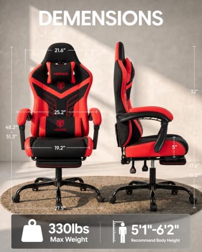 Ergonomic Gaming Chair with Footrest for Adults, Leather Mesh Red