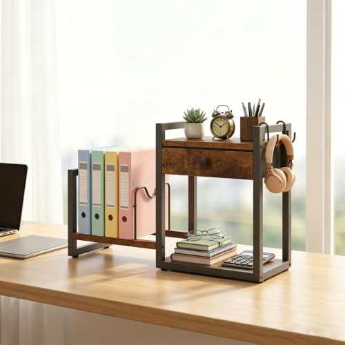 MAHANCRIS Desktop Shelf Organizer, 2-Tier Wooden Desk Bookshelf, Small Tabletop Book Shelf with Drawer and Hooks, Countertop Storage Rack for Home, Office, Dorm, Rustic Brown POHR2201