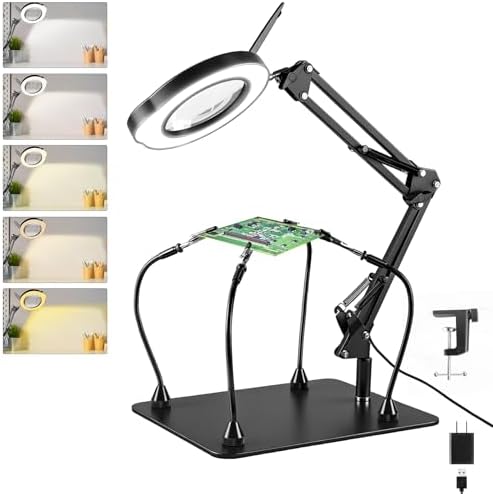 10X Magnifying Glass with Light and Stand, Black 4.3" Helping Hands Soldering Station with 4 Flexible Helping Arms, 5 Color Mode, 10 Dimmable Levels for Electronics Repair, Jewelry, Hobby