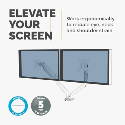 Fellowes Platinum Series Dual Monitor Arm for 40-Inch Monitors, Full Motion, 360° Rotation, VESA Mount with Grommet or Clamp, USB Ports, Ergonomic, White, 8056301