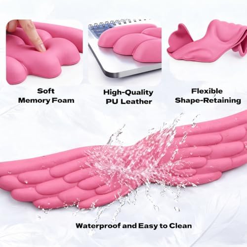 Angel Wing Wrist Rest Ergonomic Memory Foam Wrist Rest for Computer Keyboard Mouse Set with Cup Mat, Cute Gaming Keyboard Cushion Hand Support PU Leather Surface Anti-Slip Waterproof (Rose Red)