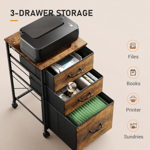 DEVAISE 3-Drawer Mobile File Cabinet, Rolling Printer Stand, Rustic Brown