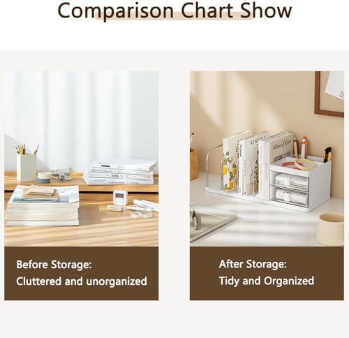 Desk Organizer with Bookends, Desktop Storage Box with 2 Drawers (White)