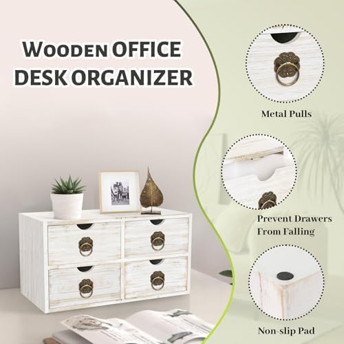 Wood Desk Organizer, White Wooden Desktop Organizer with Drawer, Tabletop Storage Organization Box for Countertop, Home Office Supplies Bills, 13.5x6.6x7.09 Inch(4 Drawer)