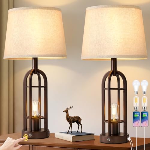 SRJJA 24" Farmhouse Touch Table Lamps for Living Room Set of 2 with USB A+C
