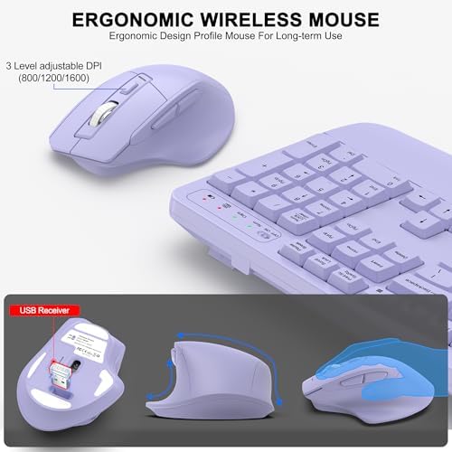 Wireless Keyboard and Mouse Combo, 2.4G Ergonomic Wave Keys(Purple)
