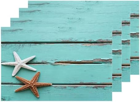Shrahala Antique Rustic Teal Blue Set Of 4 12 X 18 Inch Linen Placemats , Gold And White Starfish In Sand Border On Burlap Table Mat Washable Double Layered Heat Insulation For Indoor/Outdoor