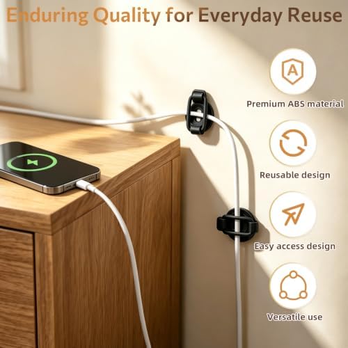 10-Pack Adjustable Elastic Loop Cord Clips with Screws, Pads & Cable Ties