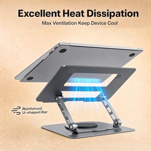 Aluminum Laptop Stand for Desk, Heavy Duty Computer Stand with 360° Rotating Base, Ergonomic Adjustable Height Notebook Riser, Compatible with MacBook Pro/Air, Dell, HP, 10-17” Laptops - Grey