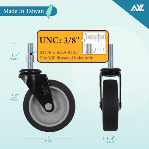 AXL 3 Inch Caster Wheels Set of 4, 3/8"-16 x 1-1/2" Threaded Stem Casters with Brake, Heavy Duty TPR Rubber Swivel Caster Wheels, Quiet Smooth Rolling Casters for Workbench, Cart, Cabinet, Shelving