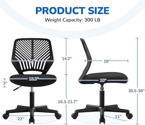 Yaheetech Small Desk Chair, Armless Adjustable Swivel Seat, Black
