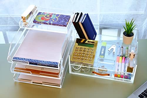 Clear Acrylic Desk Organizer for Office or Home Desk Drawer Dividers, Makeup Vanity Storage Bins, Stackable 4-Pack, Acrylic Accessory and Half Accessory Tray/Small Tray