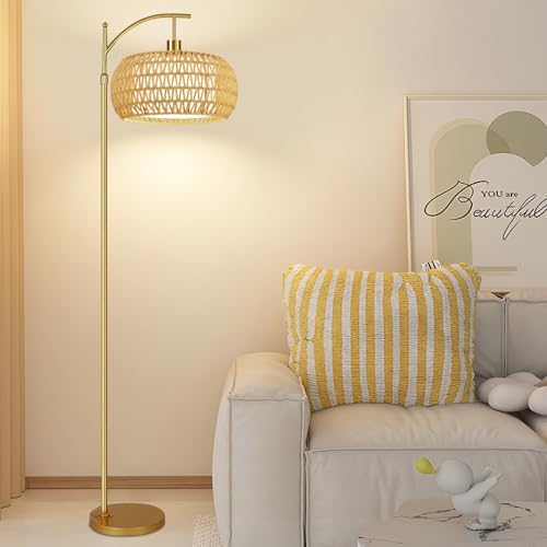 ZECOXOL Gold Floor Lamps for Living Room Rattan Boho Floor Lamp with Remote Control & 3 Color Temperature,Dimmable Arc Floor Lamps Brass Standing Lamp Tall Floor Lamp for Bedroom Living Room Corner