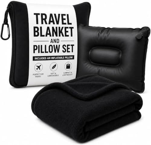 Dot&Dot Travel Pillow and Blanket Set, 2-in-1 Airplane Travel Essentials with Soft Flannel Travel Blanket, Inflatable Pillow, Compact Carry Bag with Carabiner for Flights, Camping, Cruise Ship, Car