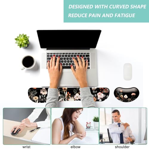Keyboard Wrist Rest Mouse Wrist Support Set, Memory Foam Wrist Rest Pad for Computer Laptop Keyboard Mouse, Ergonomic Wrist Cushion Support for Typing Pain Relief, Gaming Home Office, Flower Black
