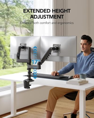HUANUO 17-32 Inch Dual Monitor Stand, Stacked Monitor Mount, Monitor Arms for 2 Monitors, Ergonomic Adjustable Tilt/Swivel/Rotate, Weight Max 19.8 lbs, VESA 75/100mm