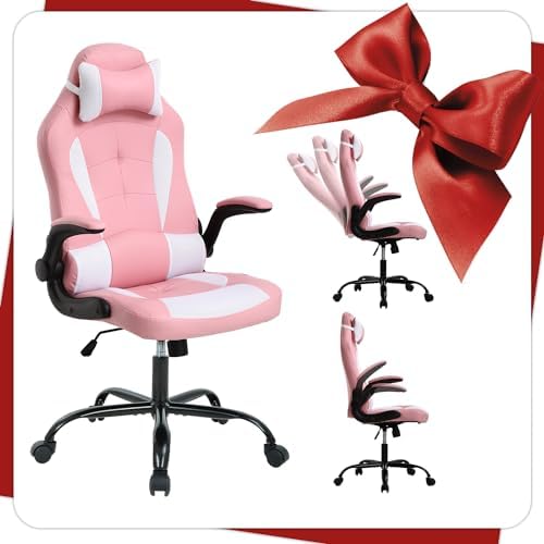 Pink Gaming Chair, PU Leather Gaming Chairs for Adults, Comfy Office Chair Ergonomic Desk Chair Computer Chair with Flip Up Arms, Swivel Reclining Gamer Chair, Height & Backrest Adjustable, 300 Lbs