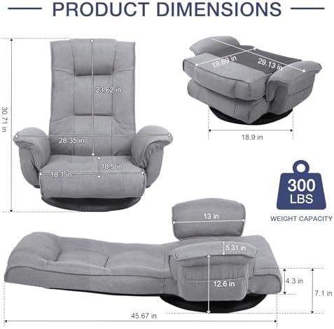 Linen Fabric Ergonomic Gaming Chair, 6-Position Reclining Sofa Bed with Lumbar Support, Foldable Floor Lounger with Thick Cushion, Armrests & Side Pockets for Esports, Reading, Napping (Light Gray)