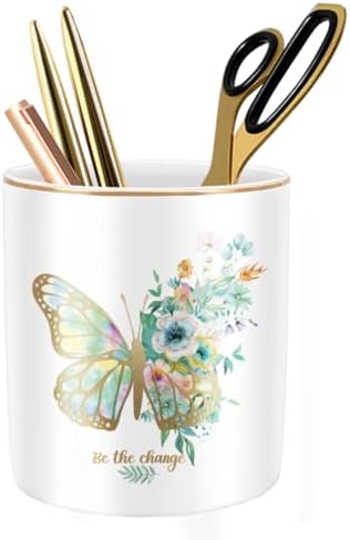 Cute Pen Holder for Desk, Ceramic Durable Pencil Cup, Simple&Modern Style Makeup Organizer, Multifunctional Office Supplies for Home, Kids and School, Butterfly Pattern