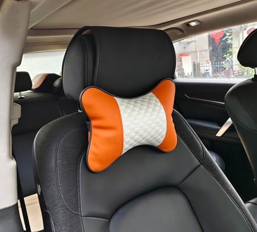 Car Neck Pillows Both Side Pu Leather 2pieces Pack Headrest Fit for Most Cars Filled Fiber Universal Car Pillow (Orange)
