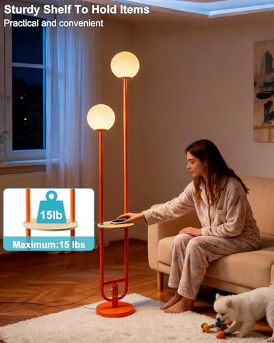 63IN 2-Globe Orange Floor Lamp Dimmable Tall Standing Lamps with Table 3000K Warm White Unique Modern Mid Century Floor Lamp with 5Lbs Heavy Base for Living Room Bedroom Home Office