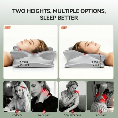 2-Pack Cervical Neck Pillow for for Neck Support,Ergonomic Memory Foam Contour Pillow with Wrinkle-Resistant Silky Satin Fabric Cover,Orthopedic Bed Pillow for Side,Back,Stomach Sleepers,Gray