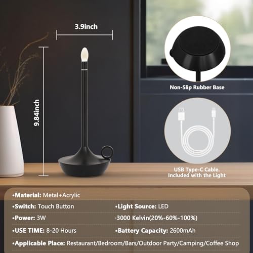 Modern Portable Table Lamp, Cordless LED Desk Lamp,Small Gold Table Lamp,Cordless LED TableLamps,Rechargeable TableLamp(Black)