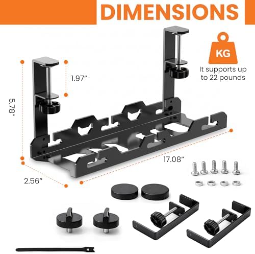 17'' Super Sturdy Cable Tray Under Desk Cord Organizer Standing Desk Cable Management System Large Power Strip Holder Cord Basket With Clamp for Wire Management Rack Office, Home, No Drill & Damage