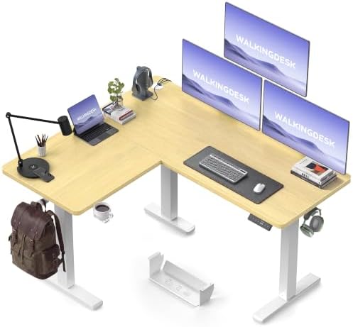 WALKINGDESK Reversible L Shaped Standing Desk Height Adjustable with Cup Holder, Electric Corner Computer Desk, Sit Stand up Home Office Desk, Ergonomic Gaming Desk, White Oak, 55X45 Inches