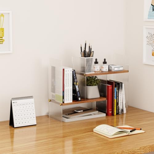 BYCY Double H Display Bookshelf Desktop Organizer Office Storage Rack Desk Expandable Wood Display Shelf with Acrylic Side Board Free Style Display Adjustable Stackable for Home Office (Black Brown)