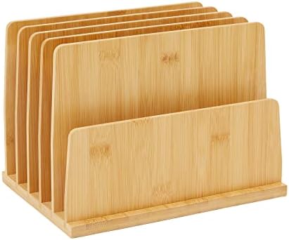 Bamboo Wooden Mail Holder, File Sorter for Letter and Folder Document Storage, Envelope Organizer with 5 Slots for Office Desk, Countertop, Home Organization (10x7 in)